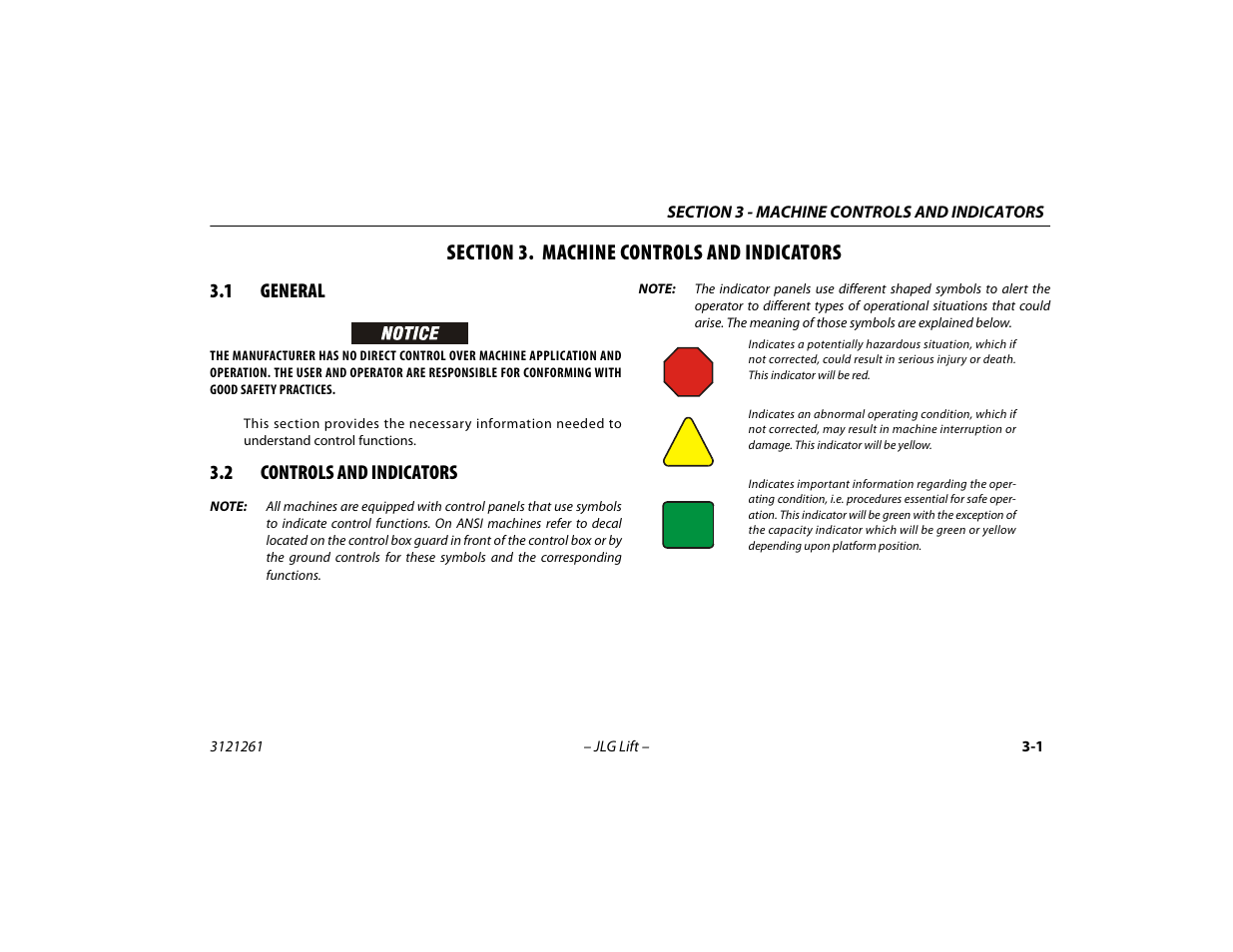 Section 3. machine controls and indicators, 1 general, 2 controls and indicators | Section - 3 - machine controls and indicators, General -1, Controls and indicators -1 | JLG 1500SJ Operator Manual User Manual | Page 45 / 192