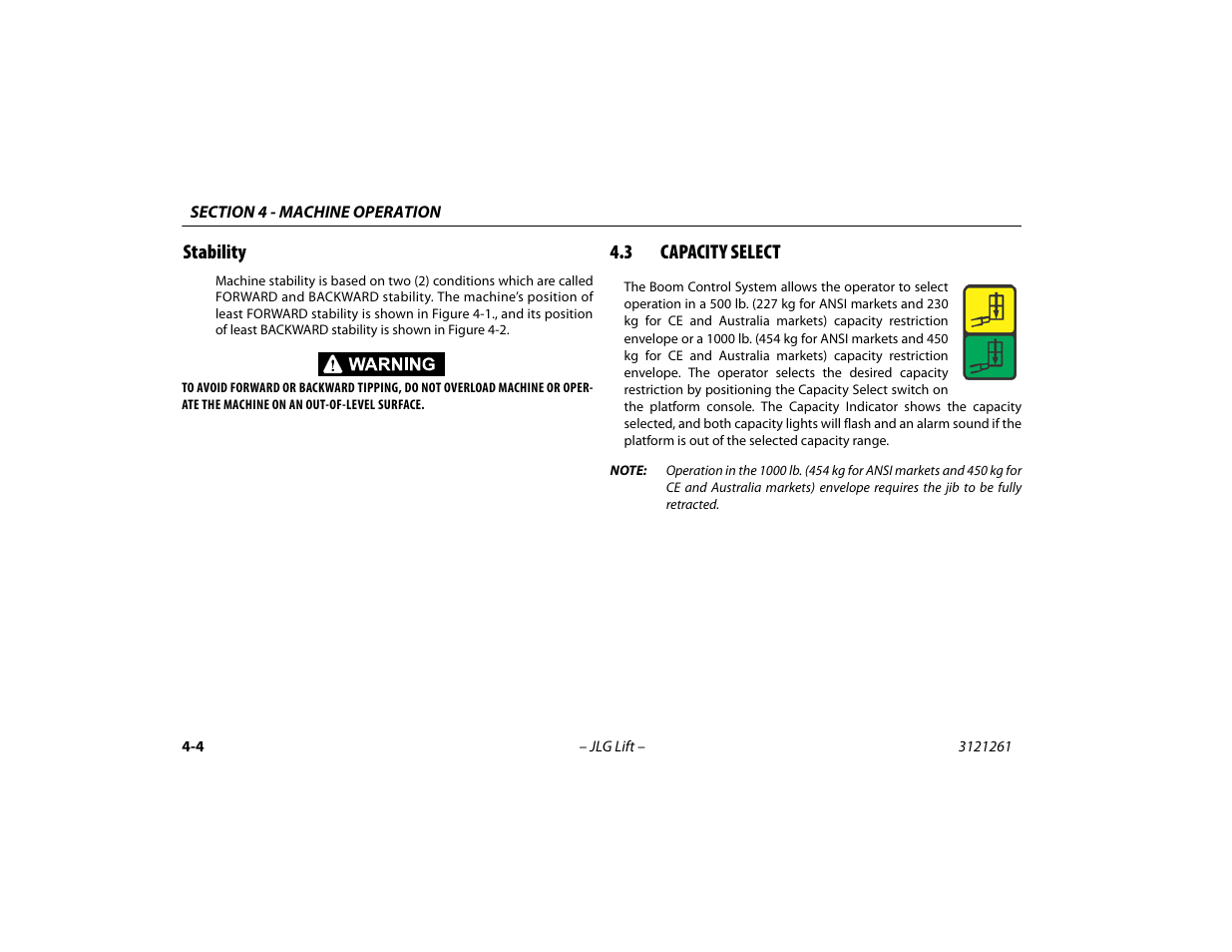Stability, 3 capacity select, Stability -4 | Capacity select -4 | JLG 1500SJ Operator Manual User Manual | Page 70 / 192