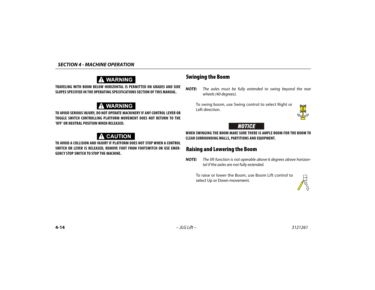 Swinging the boom, Raising and lowering the boom | JLG 1500SJ Operator Manual User Manual | Page 80 / 192