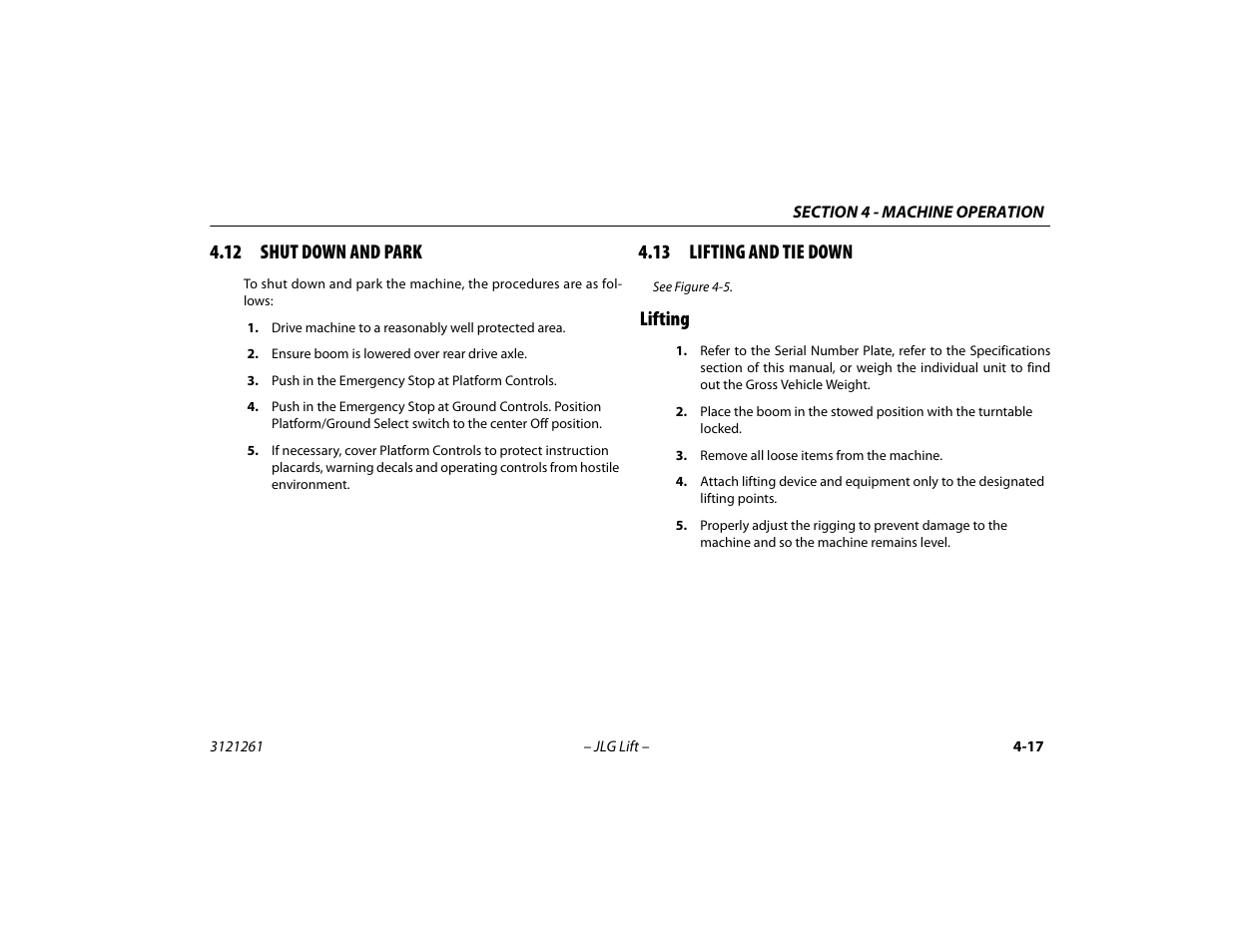 12 shut down and park, 13 lifting and tie down, Lifting | Lifting -17 | JLG 1500SJ Operator Manual User Manual | Page 83 / 192