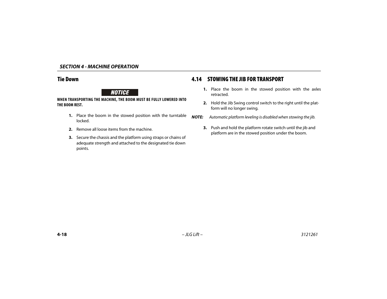 Tie down, 14 stowing the jib for transport, Tie down -18 | 14 stowing the jib for transport -18 | JLG 1500SJ Operator Manual User Manual | Page 84 / 192