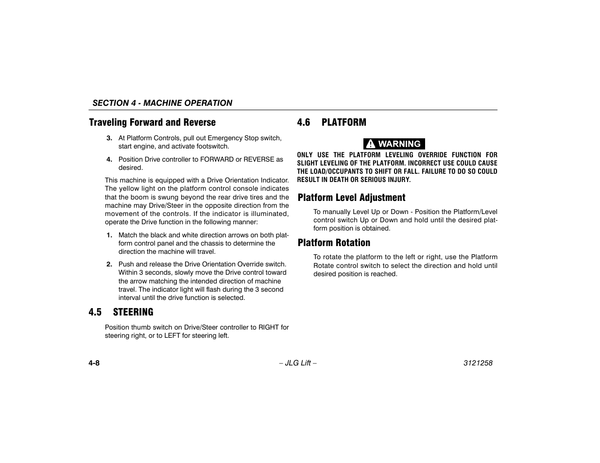 Traveling forward and reverse, 5 steering, 6 platform | Platform level adjustment, Platform rotation, Traveling forward and reverse -8, 4 steering -8 4.5 platform -8, Platform level adjustment -8 platform rotation -8 | JLG 340AJ Operator Manual User Manual | Page 56 / 106