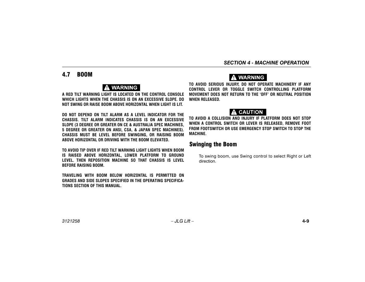 7 boom, Swinging the boom, 6 boom -9 | Swinging the boom -9 | JLG 340AJ Operator Manual User Manual | Page 57 / 106