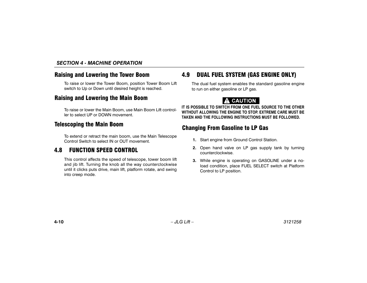 Raising and lowering the tower boom, Raising and lowering the main boom, Telescoping the main boom | 8 function speed control, 9 dual fuel system (gas engine only), Changing from gasoline to lp gas, Changing from gasoline to lp gas -10 | JLG 340AJ Operator Manual User Manual | Page 58 / 106
