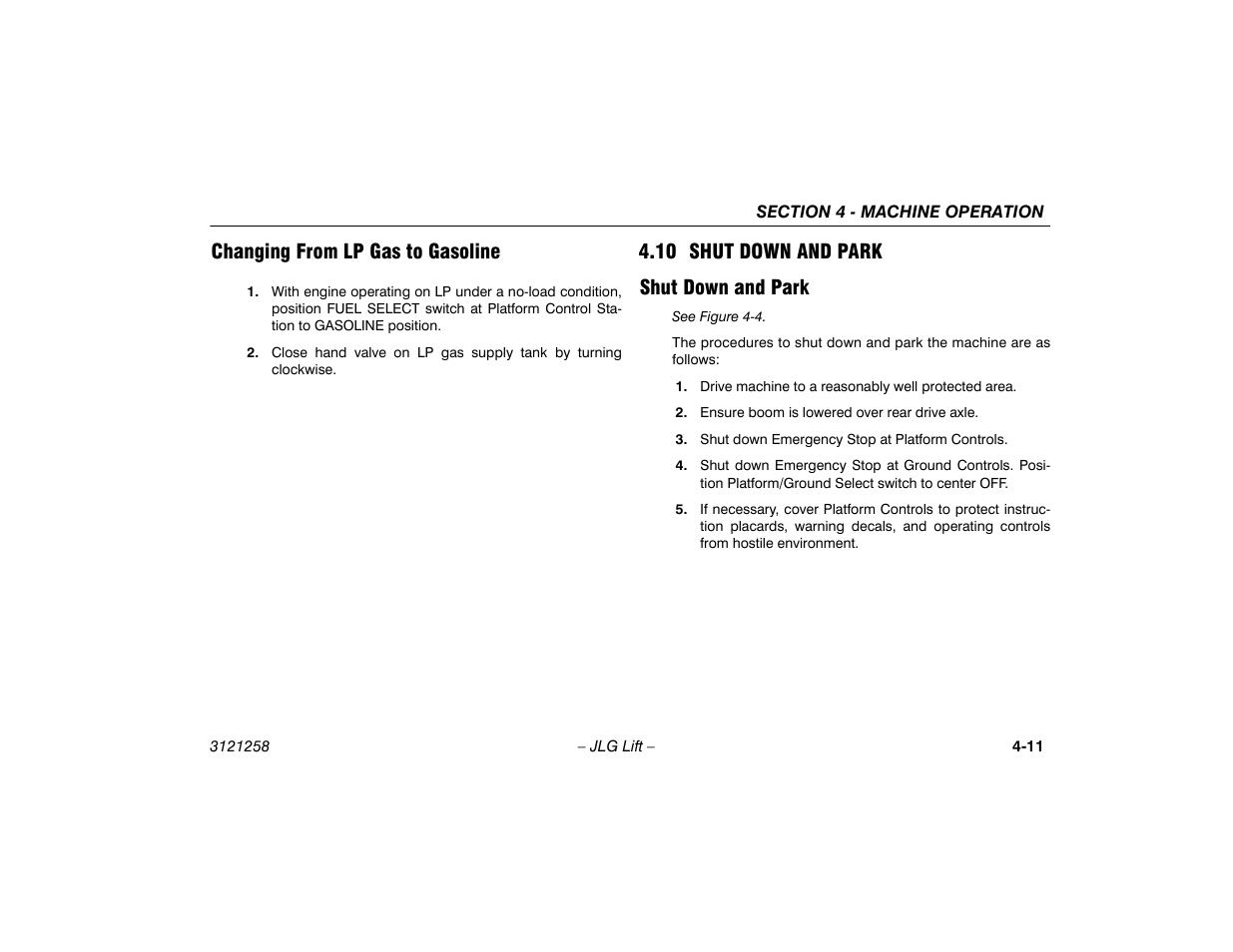 Changing from lp gas to gasoline, 10 shut down and park, Shut down and park | Changing from lp gas to gasoline -11, 9 shut down and park -11, Shut down and park -11, 10 shut down and park shut down and park | JLG 340AJ Operator Manual User Manual | Page 59 / 106