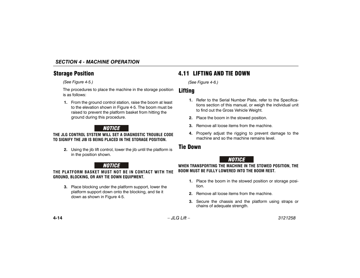 Storage position, 11 lifting and tie down, Lifting | Tie down, Storage position -14, 10 lifting and tie down -14, Lifting -14 tie down -14 | JLG 340AJ Operator Manual User Manual | Page 62 / 106