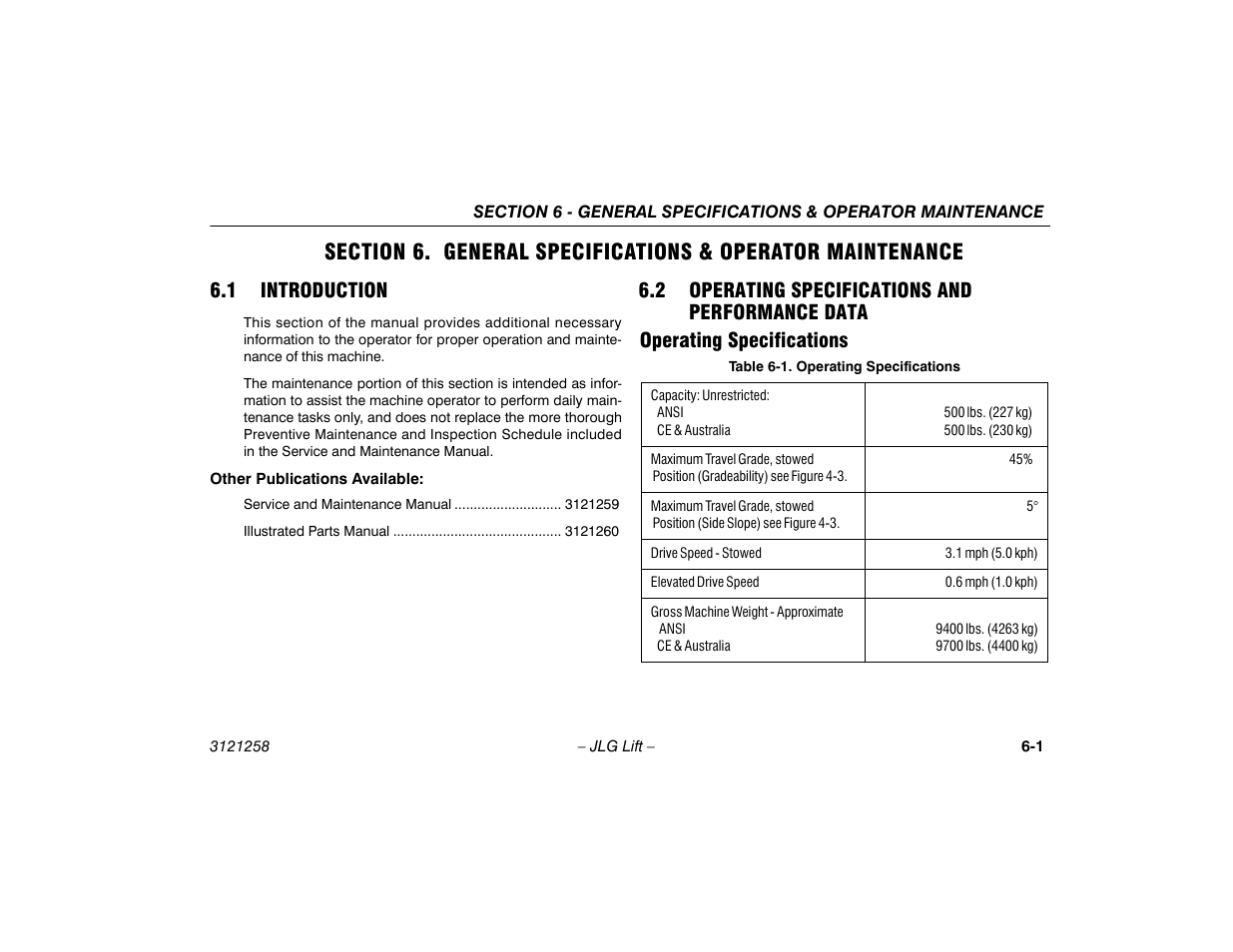 1 introduction, 2 operating specifications and performance data, Operating specifications | Section - 6 - general specifications & operator, Maintenance, Data -1, Operating specifications -1 | JLG 340AJ Operator Manual User Manual | Page 81 / 106