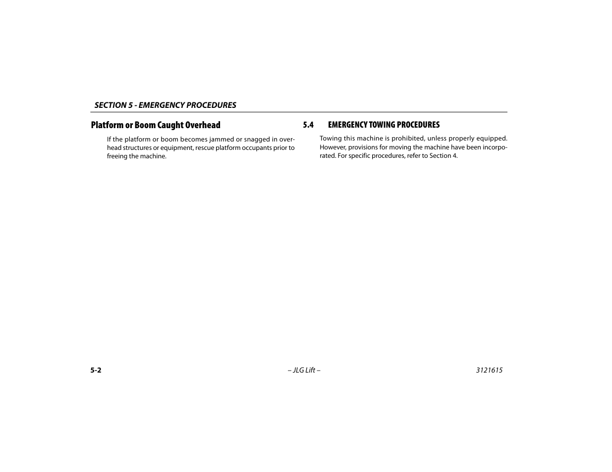 Platform or boom caught overhead, 4 emergency towing procedures, Platform or boom caught overhead -2 | Emergency towing procedures -2 | JLG 600A_AJ Operator Manual User Manual | Page 100 / 138