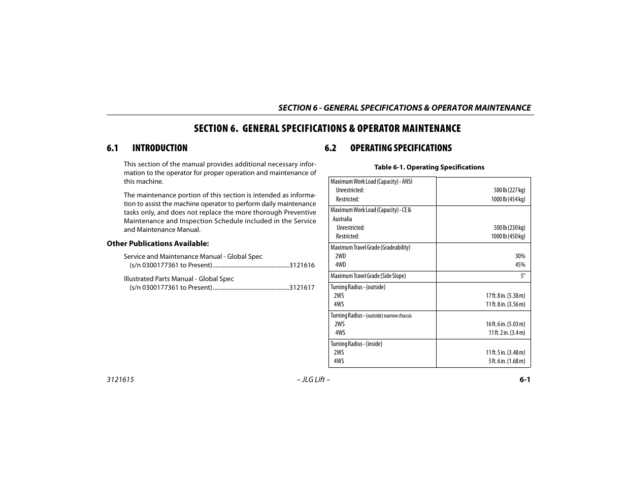 1 introduction, 2 operating specifications, Nance | Introduction -1, Operating specifications -1 | JLG 600A_AJ Operator Manual User Manual | Page 101 / 138