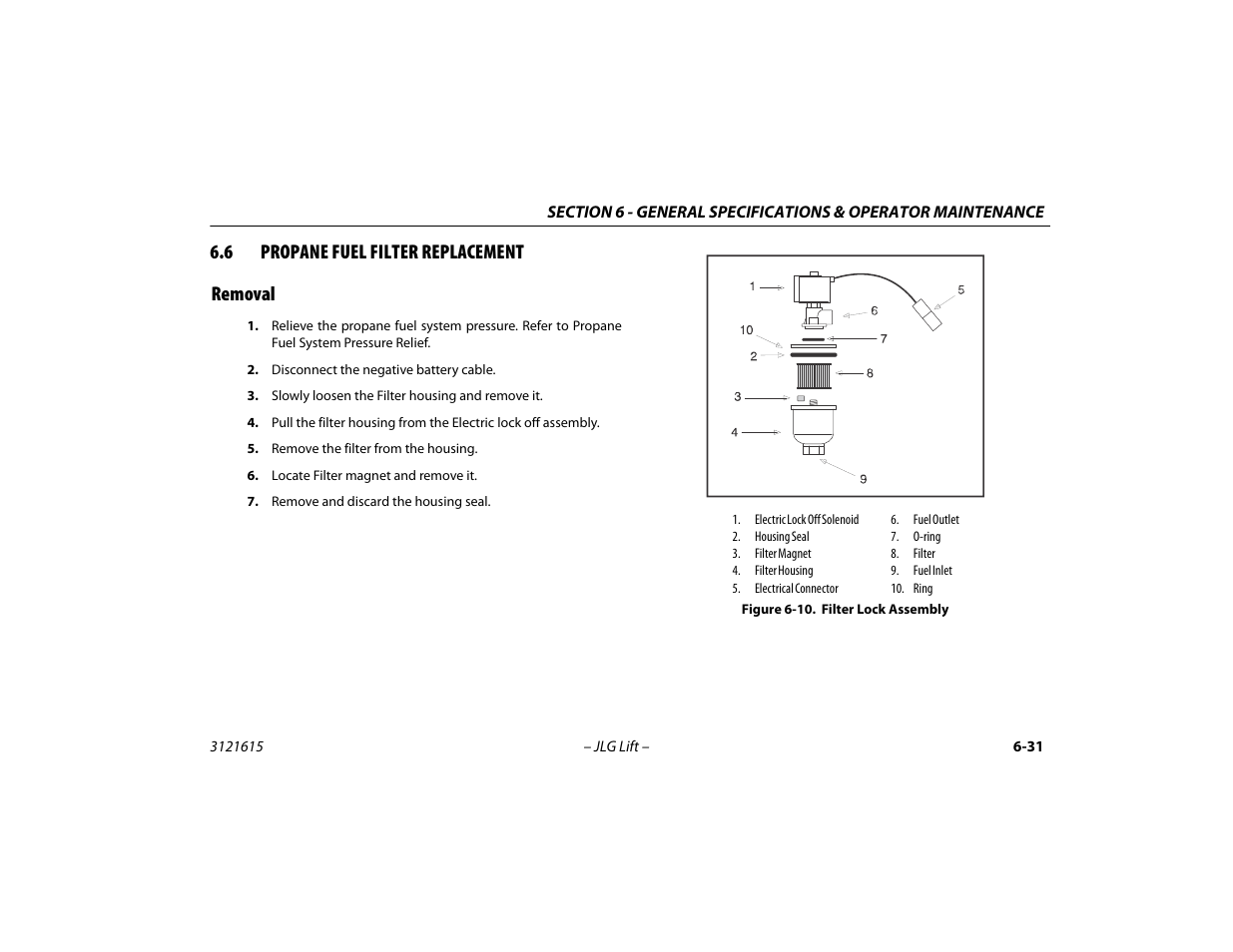 6 propane fuel filter replacement, Removal, Propane fuel filter replacement -31 | Removal -31, Filter lock assembly -31, 6 propane fuel filter replacement removal | JLG 600A_AJ Operator Manual User Manual | Page 131 / 138