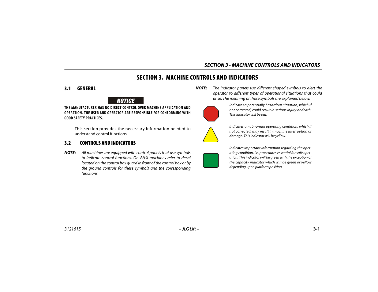 Section 3. machine controls and indicators, 1 general, 2 controls and indicators | Section - 3 - machine controls and indicators, General -1, Controls and indicators -1 | JLG 600A_AJ Operator Manual User Manual | Page 45 / 138