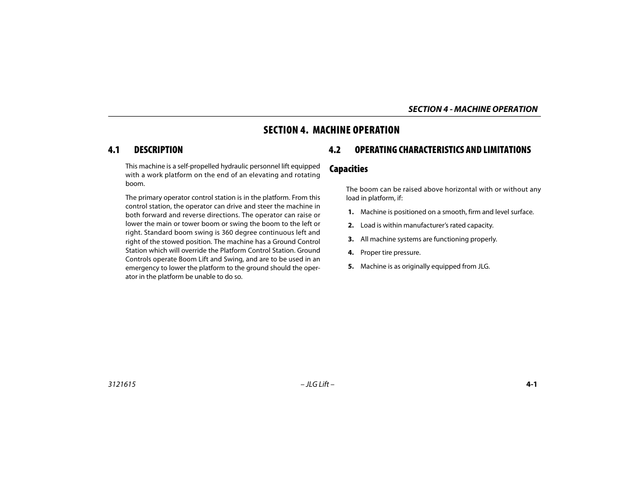 Section 4. machine operation, 1 description, 2 operating characteristics and limitations | Capacities, Section - 4 - machine operation, Description -1, Operating characteristics and limitations -1, Capacities -1 | JLG 600A_AJ Operator Manual User Manual | Page 65 / 138