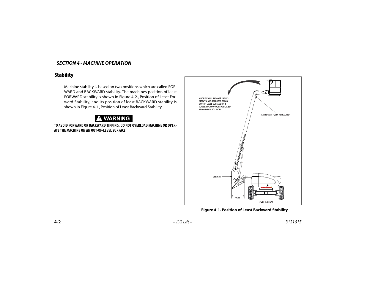 Stability, Stability -2, Position of least backward stability -2 | JLG 600A_AJ Operator Manual User Manual | Page 66 / 138