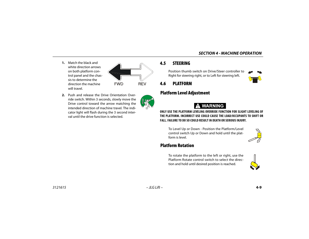 5 steering, 6 platform, Platform level adjustment | Platform rotation, Steering -9, Platform -9, Platform level adjustment -9 platform rotation -9 | JLG 600A_AJ Operator Manual User Manual | Page 73 / 138