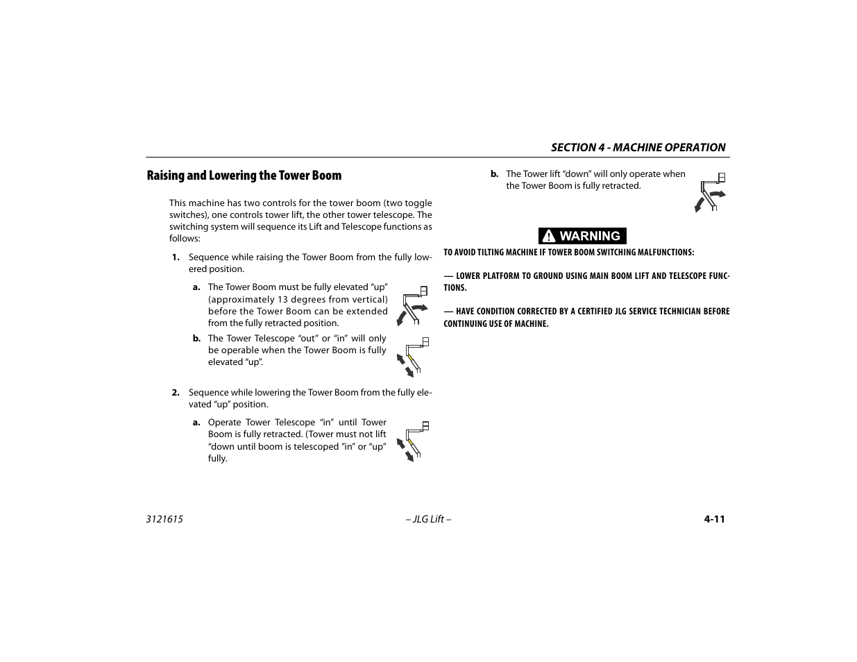 Raising and lowering the tower boom, Raising and lowering the tower boom -11 | JLG 600A_AJ Operator Manual User Manual | Page 75 / 138