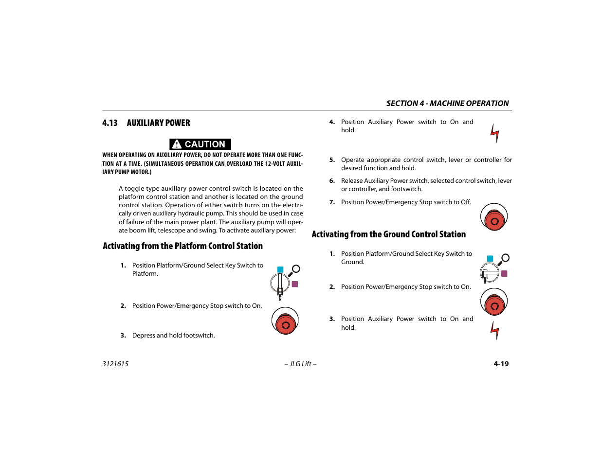 13 auxiliary power, Activating from the platform control station, Activating from the ground control station | 13 auxiliary power -19 | JLG 600A_AJ Operator Manual User Manual | Page 83 / 138
