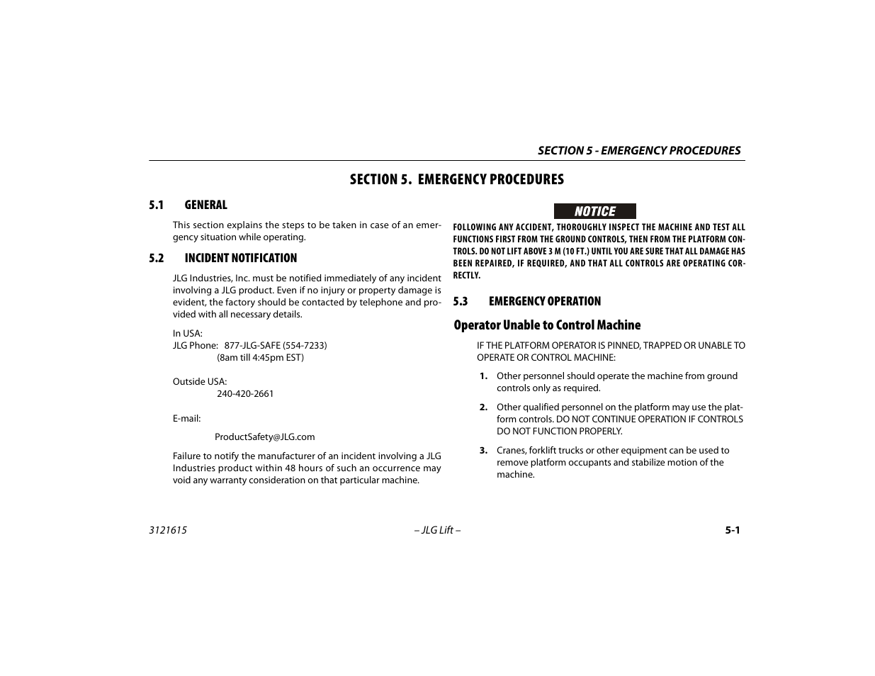 Section 5. emergency procedures, 1 general, 2 incident notification | 3 emergency operation, Operator unable to control machine, Section - 5 - emergency procedures, General -1, Incident notification -1, Emergency operation -1, Operator unable to control machine -1 | JLG 600A_AJ Operator Manual User Manual | Page 99 / 138