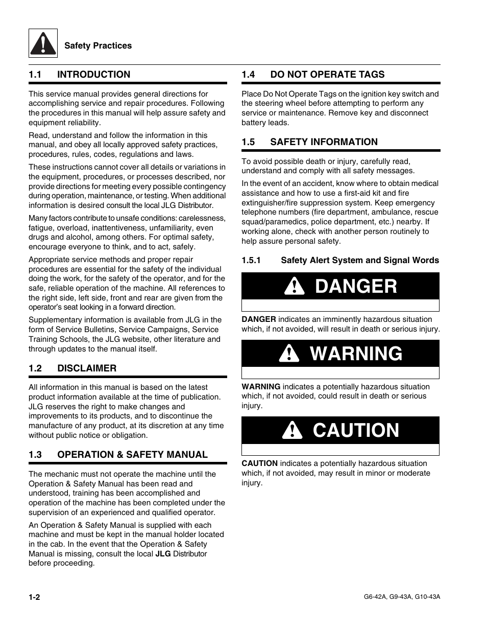 1 introduction, 2 disclaimer, 3 operation & safety manual | 4 do not operate tags, 5 safety information, 1 safety alert system and signal words, Introduction, Disclaimer, Operation & safety manual, Do not operate tags | JLG G6-42A Service Manual User Manual | Page 10 / 206