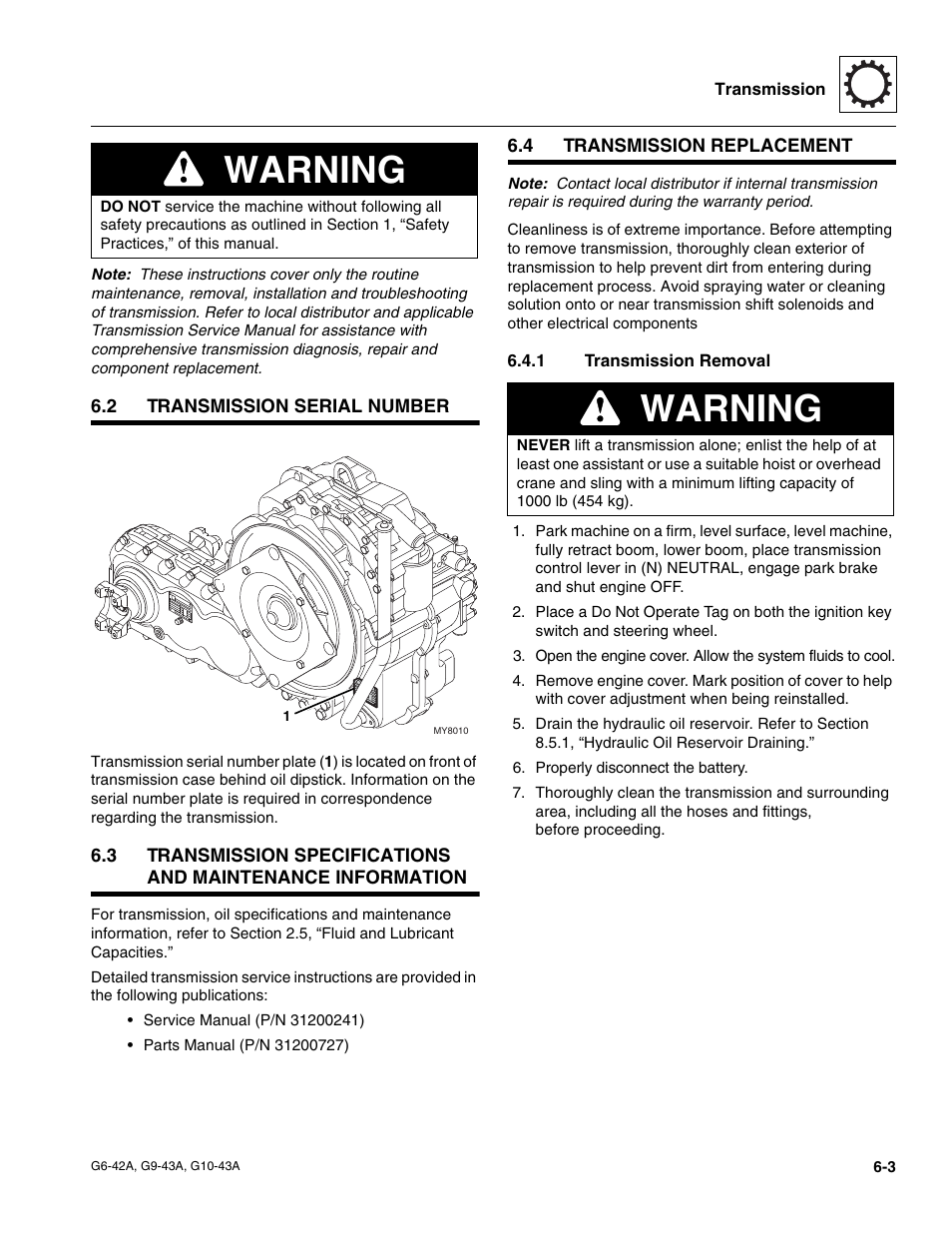 2 transmission serial number, 4 transmission replacement, 1 transmission removal | Transmission serial number, Transmission replacement, Transmission removal, Warning | JLG G6-42A Service Manual User Manual | Page 103 / 206