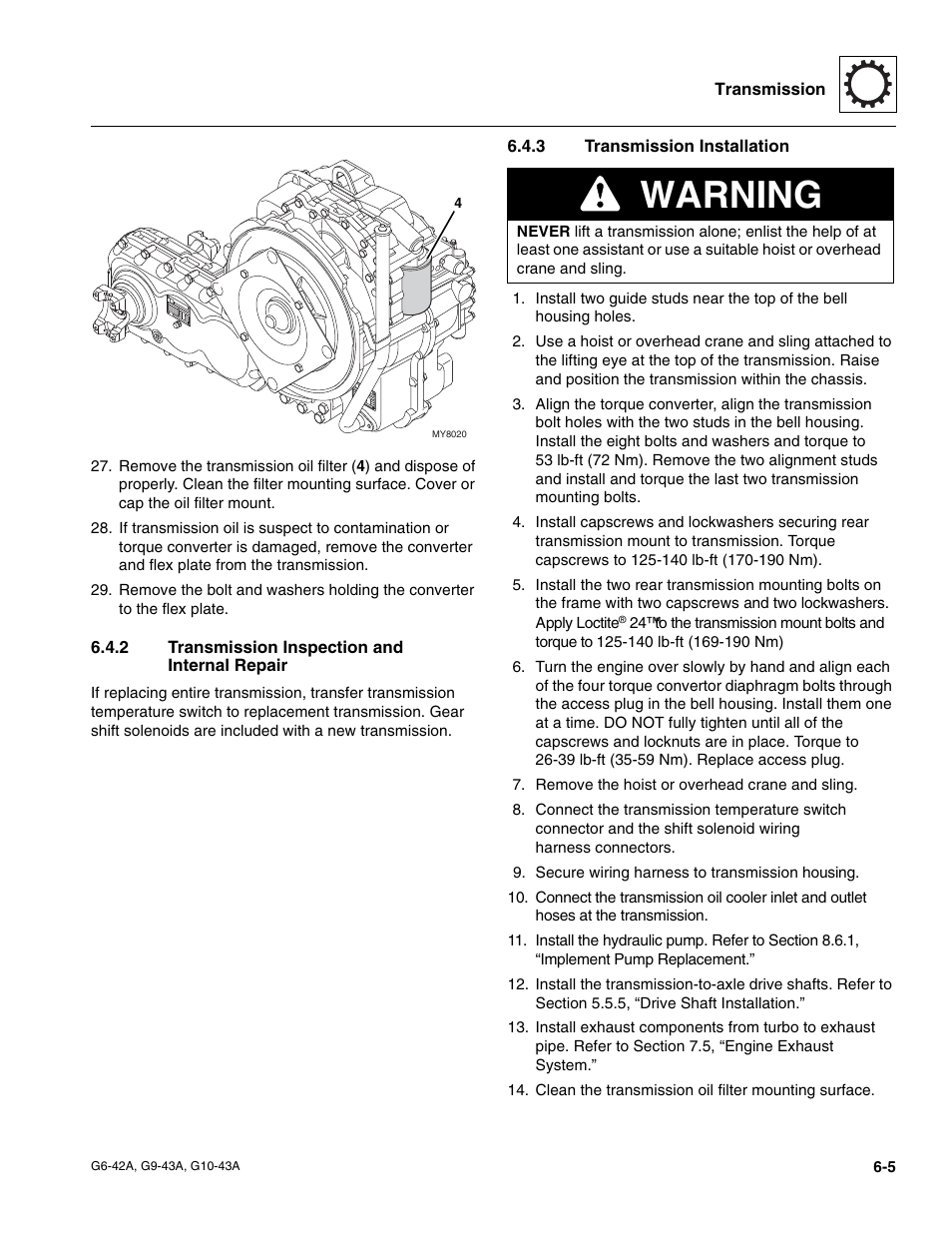 2 transmission inspection and internal repair, 3 transmission installation, Transmission inspection and internal repair | Transmission installation, Warning | JLG G6-42A Service Manual User Manual | Page 105 / 206