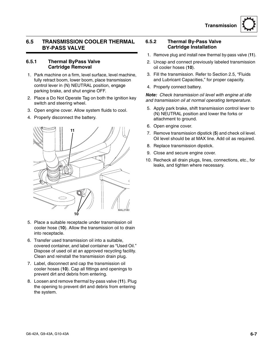 5 transmission cooler thermal by-pass valve, 1 thermal bypass valve cartridge removal, 2 thermal by-pass valve cartridge installation | Transmission cooler thermal by-pass valve, Thermal bypass valve cartridge removal, Thermal by-pass valve cartridge installation | JLG G6-42A Service Manual User Manual | Page 107 / 206