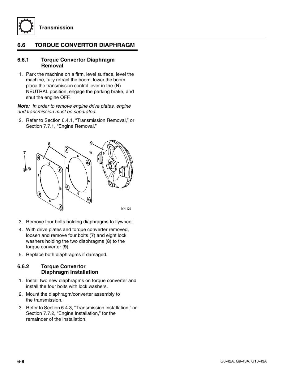 6 torque convertor diaphragm, 1 torque convertor diaphragm removal, 2 torque convertor diaphragm installation | Torque convertor diaphragm, Torque convertor diaphragm removal, Torque convertor diaphragm installation | JLG G6-42A Service Manual User Manual | Page 108 / 206