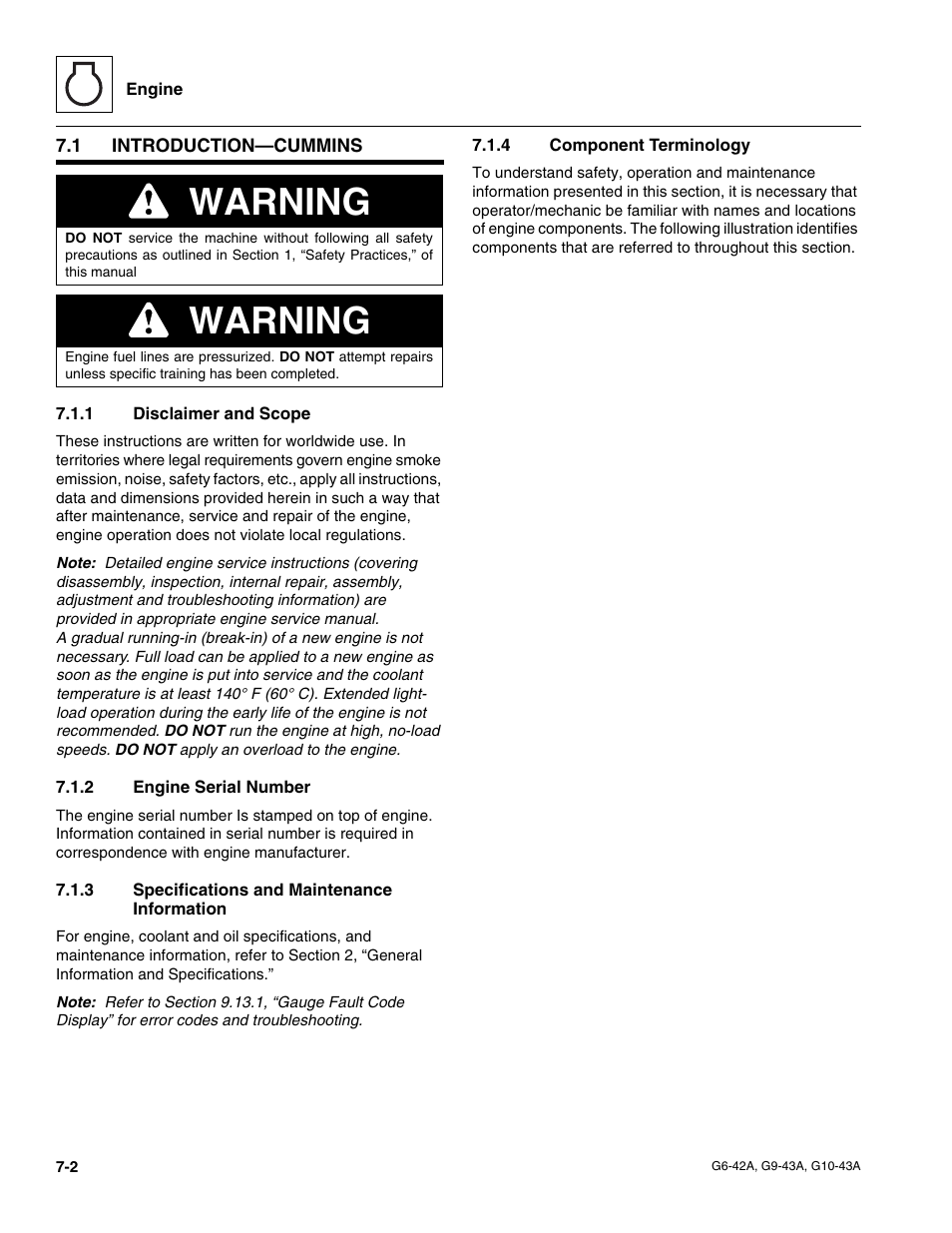 1 introduction—cummins, 1 disclaimer and scope, 2 engine serial number | 3 specifications and maintenance information, 4 component terminology, Introduction—cummins, Disclaimer and scope, Engine serial number, Specifications and maintenance information, Component terminology | JLG G6-42A Service Manual User Manual | Page 114 / 206