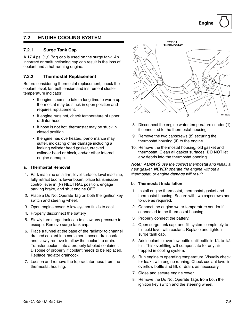 2 engine cooling system, 1 surge tank cap, 2 thermostat replacement | Engine cooling system, Surge tank cap, Thermostat replacement | JLG G6-42A Service Manual User Manual | Page 117 / 206