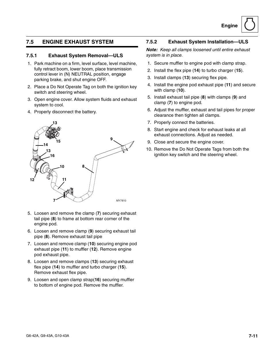 5 engine exhaust system, 1 exhaust system removal—uls, 2 exhaust system installation—uls | Engine exhaust system, Exhaust system removal—uls, Exhaust system installation—uls | JLG G6-42A Service Manual User Manual | Page 123 / 206