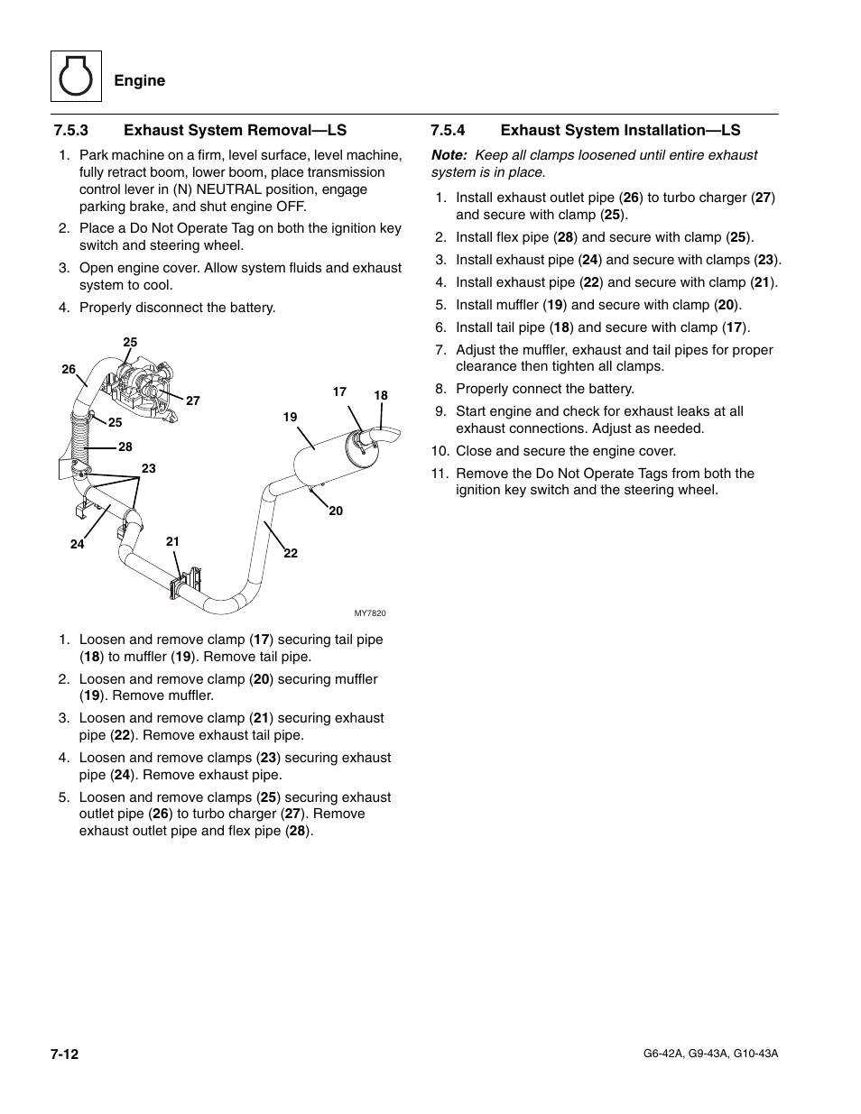 3 exhaust system removal—ls, 4 exhaust system installation—ls, Exhaust system removal—ls | Exhaust system installation—ls | JLG G6-42A Service Manual User Manual | Page 124 / 206