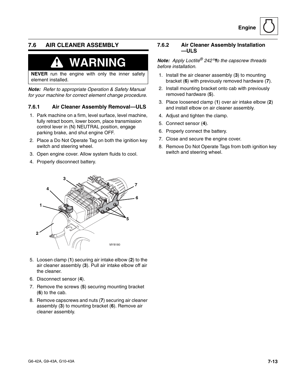 6 air cleaner assembly, 1 air cleaner assembly removal—uls, 2 air cleaner assembly installation —uls | Air cleaner assembly, Air cleaner assembly removal—uls, Air cleaner assembly installation —uls, Warning | JLG G6-42A Service Manual User Manual | Page 125 / 206