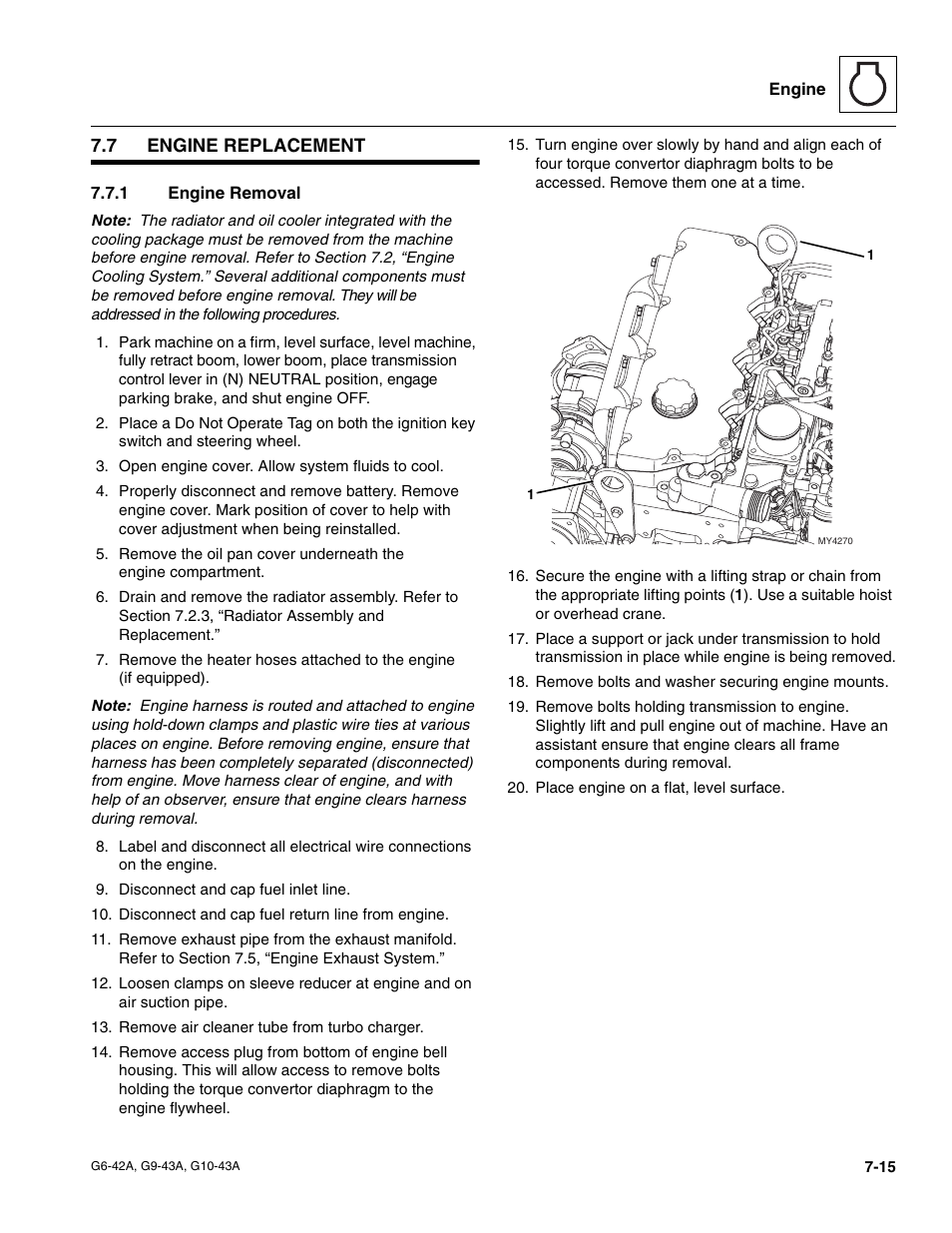 7 engine replacement, 1 engine removal, Engine replacement | Section 7.7.1, “engine removal, Engine removal | JLG G6-42A Service Manual User Manual | Page 127 / 206