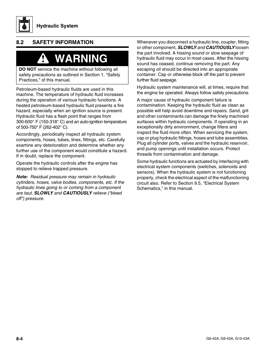 2 safety information, Safety information, Warning | JLG G6-42A Service Manual User Manual | Page 132 / 206