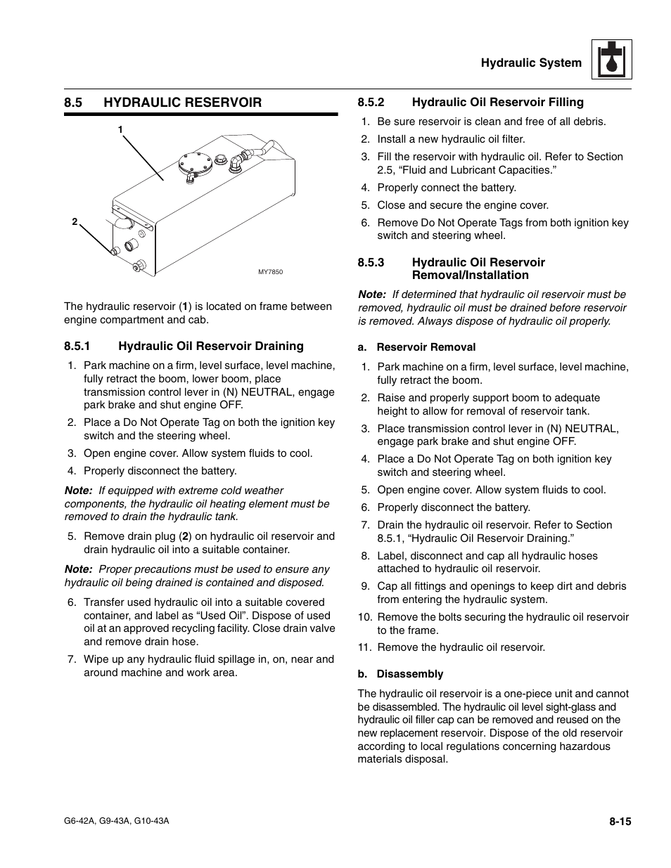 5 hydraulic reservoir, 1 hydraulic oil reservoir draining, 2 hydraulic oil reservoir filling | 3 hydraulic oil reservoir removal/installation, Hydraulic reservoir, Hydraulic oil reservoir draining, Hydraulic oil reservoir filling, Hydraulic oil reservoir removal/installation | JLG G6-42A Service Manual User Manual | Page 143 / 206