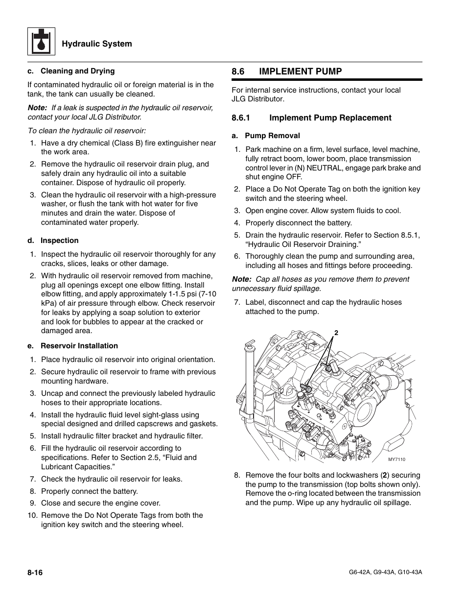 6 implement pump, 1 implement pump replacement, Implement pump | Implement pump replacement | JLG G6-42A Service Manual User Manual | Page 144 / 206