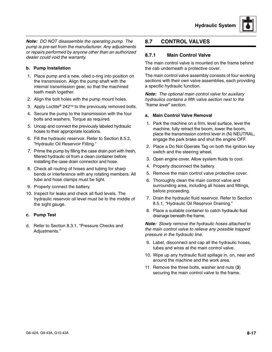 7 control valves, 1 main control valve, Control valves | Main control valve | JLG G6-42A Service Manual User Manual | Page 145 / 206