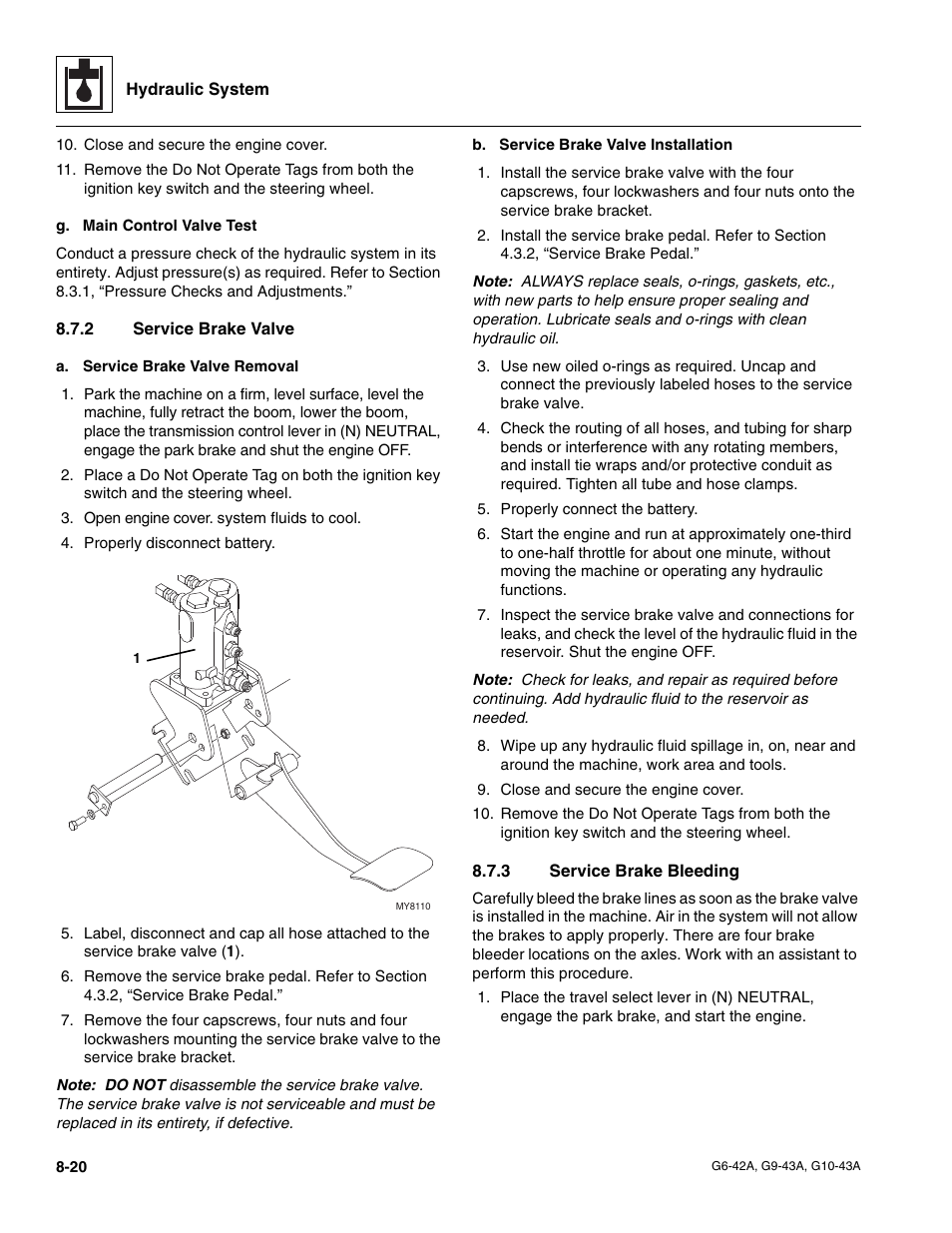 2 service brake valve, 3 service brake bleeding, Section 8.7.2, “service brake valve | Service brake valve, Service brake bleeding | JLG G6-42A Service Manual User Manual | Page 148 / 206