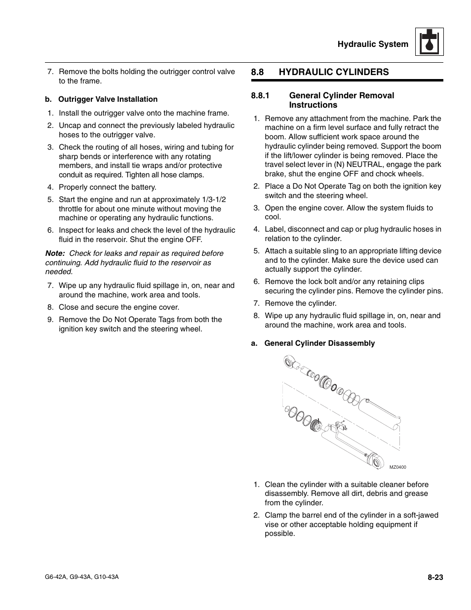 8 hydraulic cylinders, 1 general cylinder removal instructions, Hydraulic cylinders | Section, 8, “hydraulic cylinders, O section, 1, “general cylinder removal instructions, General cylinder removal instructions | JLG G6-42A Service Manual User Manual | Page 151 / 206