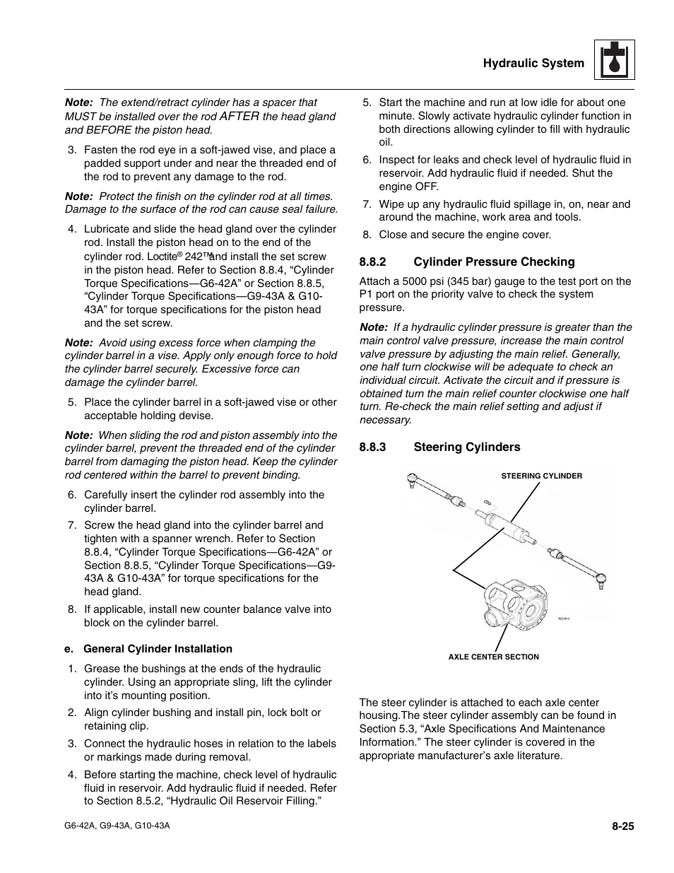 2 cylinder pressure checking, 3 steering cylinders, Cylinder pressure checking | Steering cylinders | JLG G6-42A Service Manual User Manual | Page 153 / 206