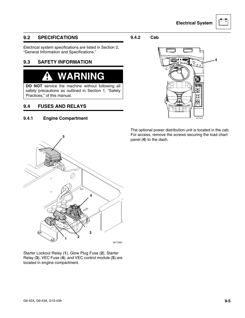 2 specifications, 3 safety information, 4 fuses and relays | 1 engine compartment, 2 cab, Specifications, Safety information, Fuses and relays, Engine compartment, Warning | JLG G6-42A Service Manual User Manual | Page 161 / 206