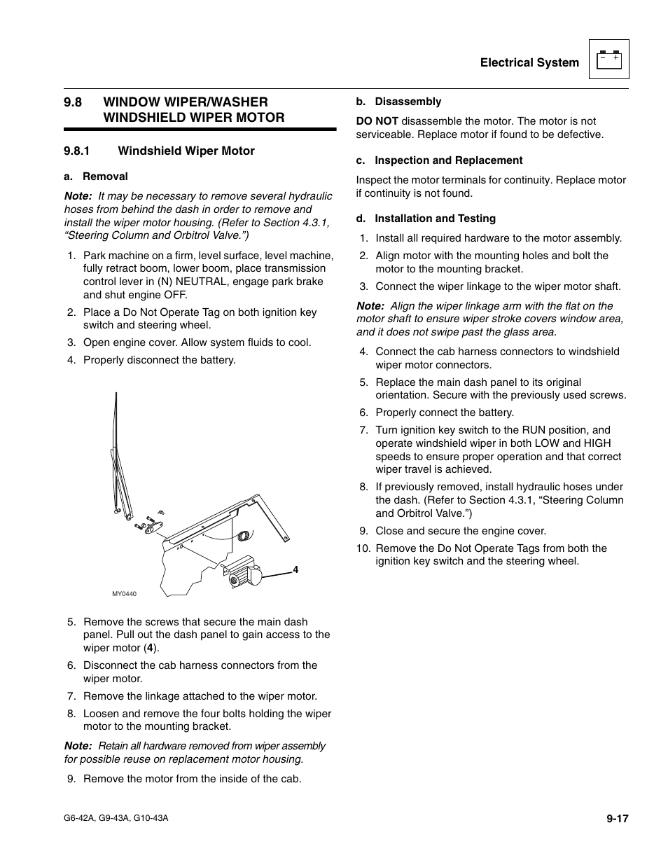 8 window wiper/washer windshield wiper motor, 1 windshield wiper motor, Window wiper/washer windshield wiper motor | Windshield wiper motor | JLG G6-42A Service Manual User Manual | Page 173 / 206