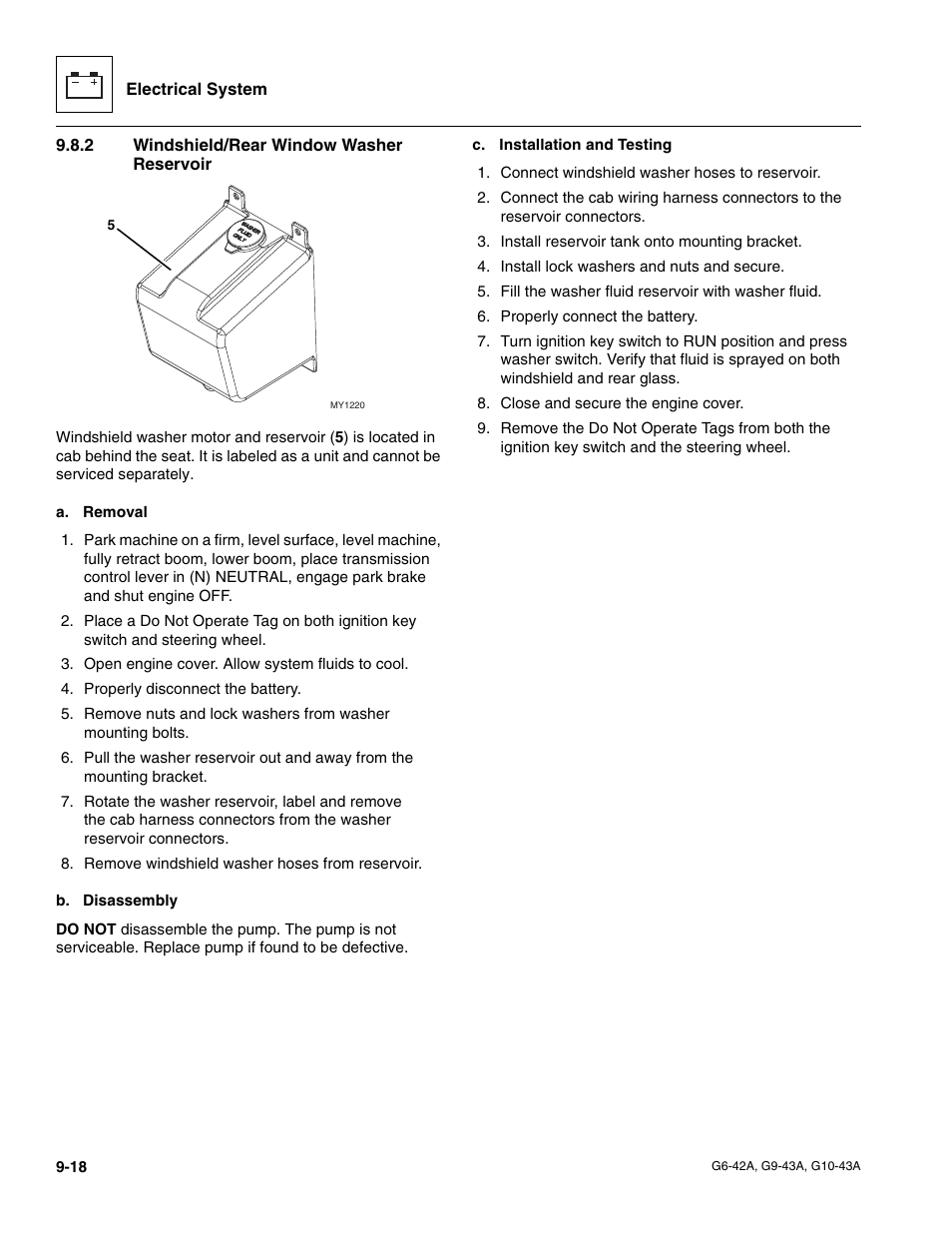 2 windshield/rear window washer reservoir, Windshield/rear window washer reservoir | JLG G6-42A Service Manual User Manual | Page 174 / 206