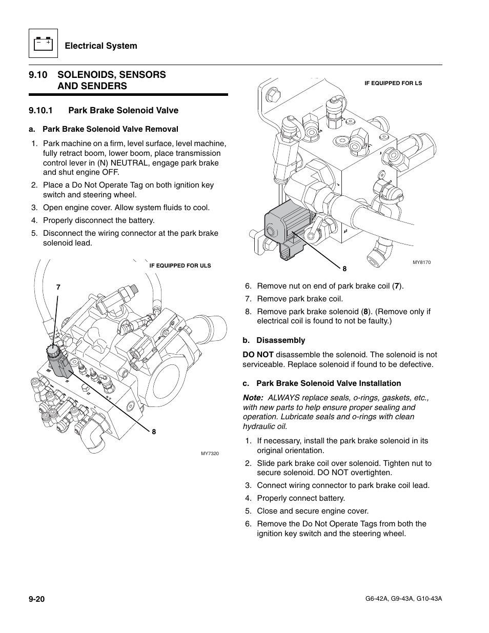 10 solenoids, sensors and senders, 1 park brake solenoid valve, Solenoids, sensors and senders | Park brake solenoid valve | JLG G6-42A Service Manual User Manual | Page 176 / 206