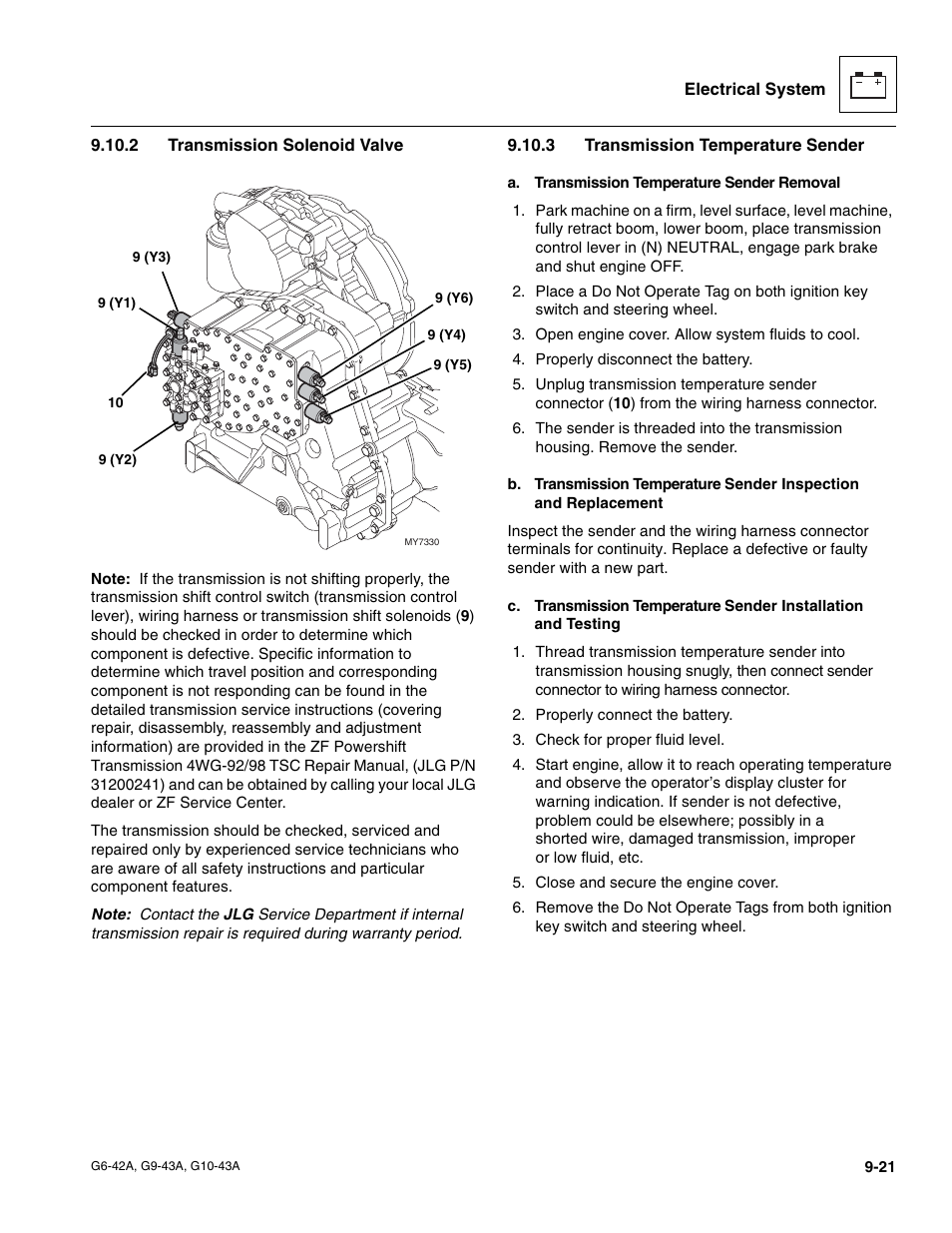 2 transmission solenoid valve, 3 transmission temperature sender, Transmission solenoid valve | Transmission temperature sender | JLG G6-42A Service Manual User Manual | Page 177 / 206