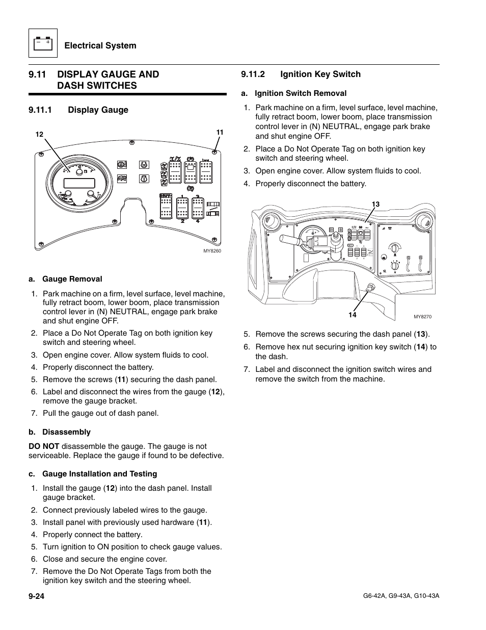 11 display gauge and dash switches, 1 display gauge, 2 ignition key switch | Display gauge and dash switches, Section 9.11, “display gauge and dash switches, Display gauge, Ignition key switch | JLG G6-42A Service Manual User Manual | Page 180 / 206