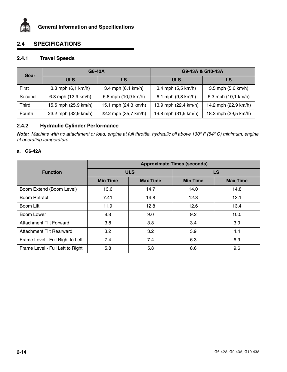 4 specifications, 1 travel speeds, 2 hydraulic cylinder performance | Specifications, Travel speeds, Hydraulic cylinder performance | JLG G6-42A Service Manual User Manual | Page 26 / 206