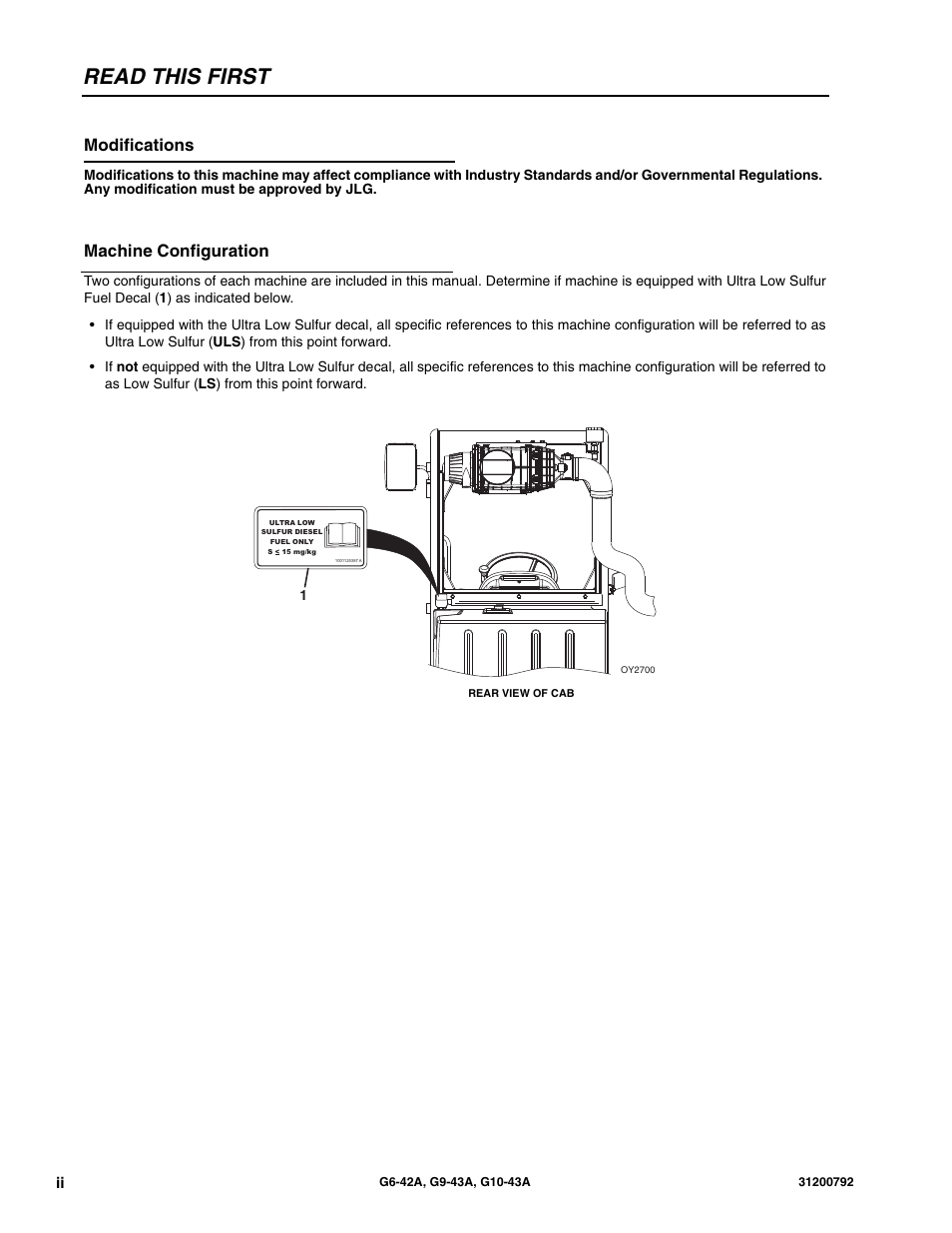Read this first, Modifications, Machine configuration | JLG G6-42A Service Manual User Manual | Page 4 / 206