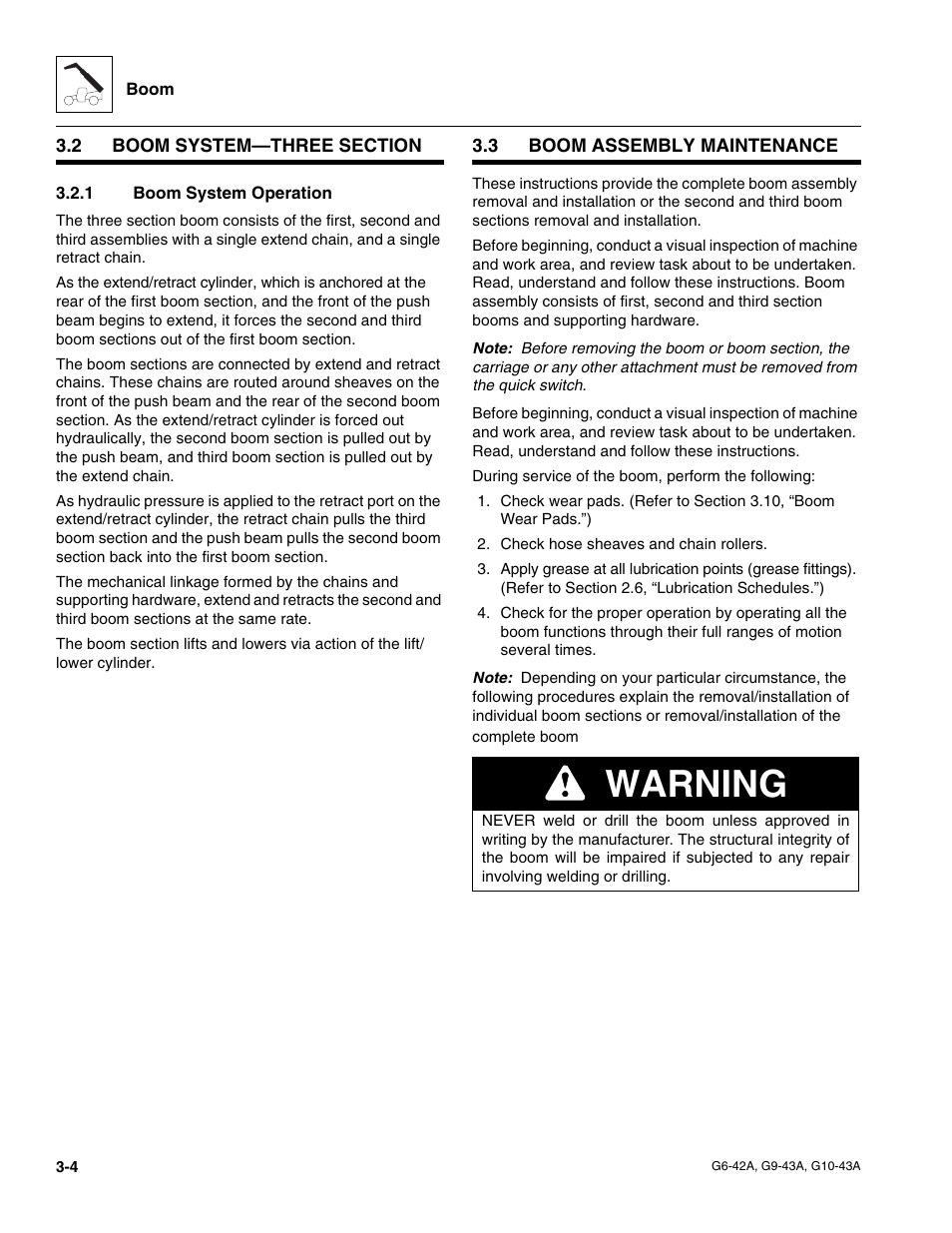 2 boom system—three section, 1 boom system operation, 3 boom assembly maintenance | Boom system—three section, Boom assembly maintenance, Boom system operation, Warning | JLG G6-42A Service Manual User Manual | Page 42 / 206