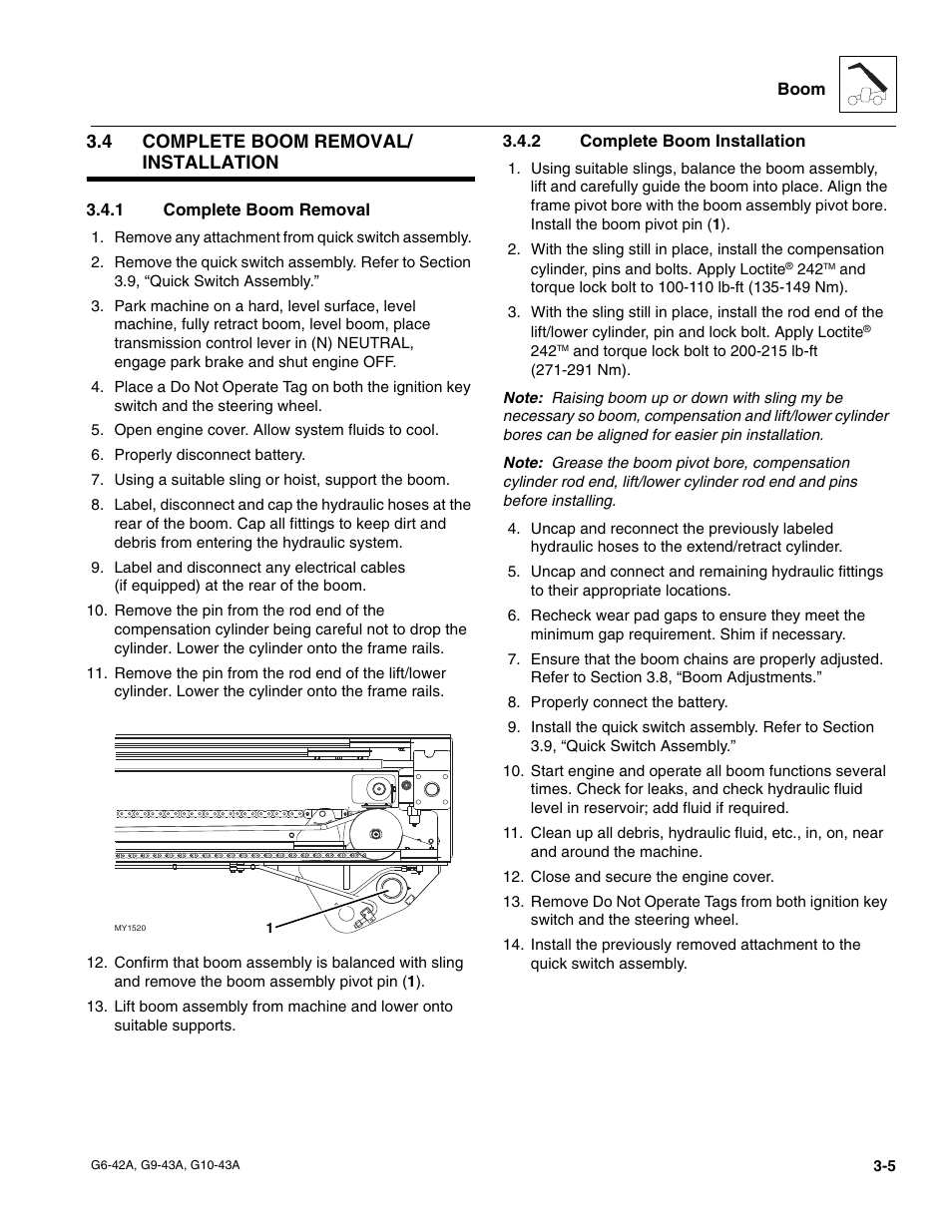 4 complete boom removal/ installation, 1 complete boom removal, 2 complete boom installation | Complete boom removal/installation, Complete boom removal, Complete boom installation | JLG G6-42A Service Manual User Manual | Page 43 / 206