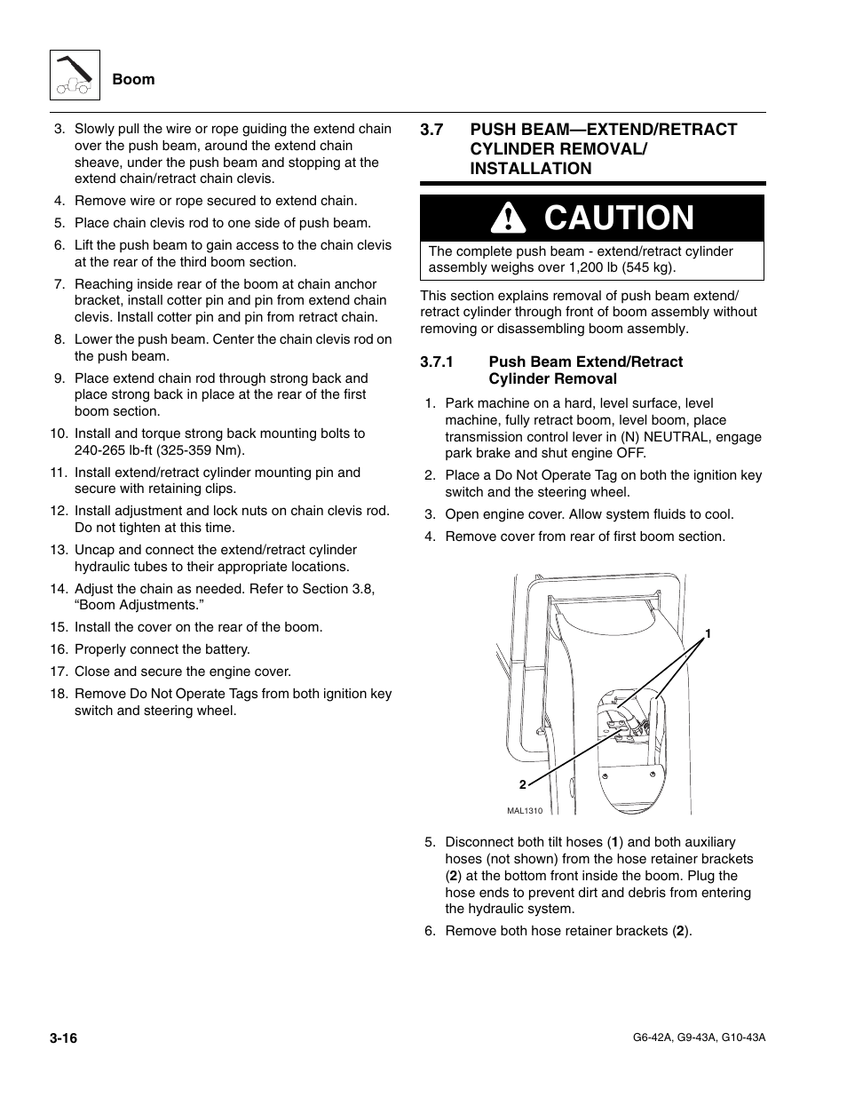 1 push beam extend/retract cylinder removal, Push beam extend/retract cylinder removal, Caution | JLG G6-42A Service Manual User Manual | Page 54 / 206